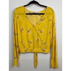 Hollister Yellow Floral Long Sleeve Wrap Blouse Top Womens Size Large Y2K